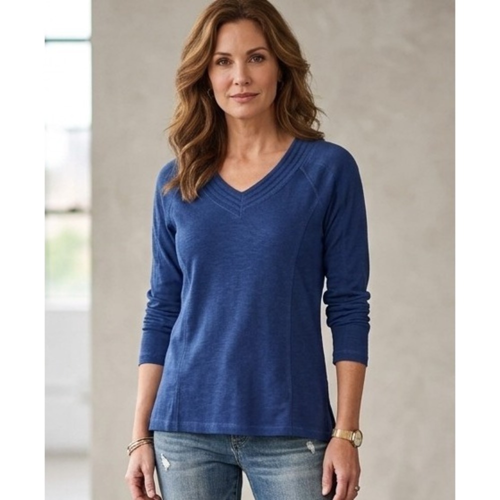 Parsley & Sage S Blue V-Neck Long Sleeve Knit Tee Top Princess Seams Side Slit